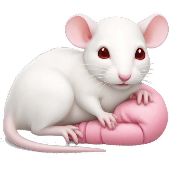 Realistic white rat with small ears, bright red small eyes and baby pink tail in wrapped around body and baby pink paws in sleeping position neutral face eyes open body is lying down curled up emoji