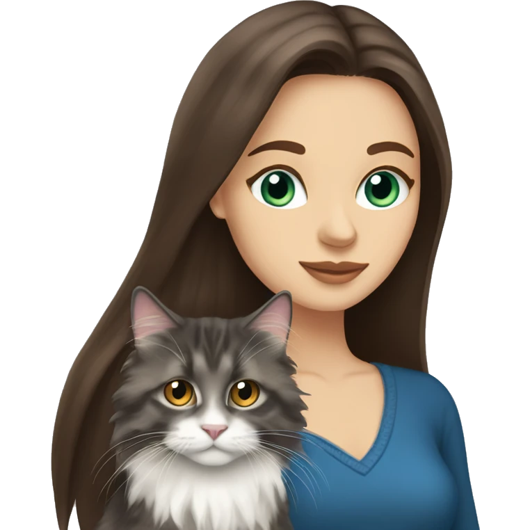 long straight haired blue eyed brunette woman holding norwegian forest cat with amber eyes emoji