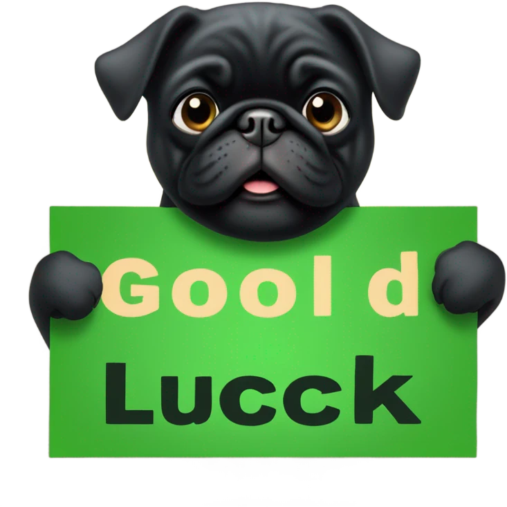 Black pug holding a green sign that says good luck  emoji
