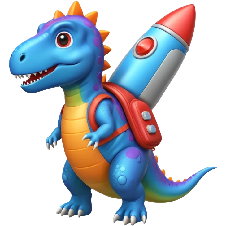cute toy-like rocket-propelled dinosaur, rounded shapes, glossy texture, colorful rocket backpack, happy expression, 3D cartoon, mobile game icon style, clean background, no text, no watermark
 emoji