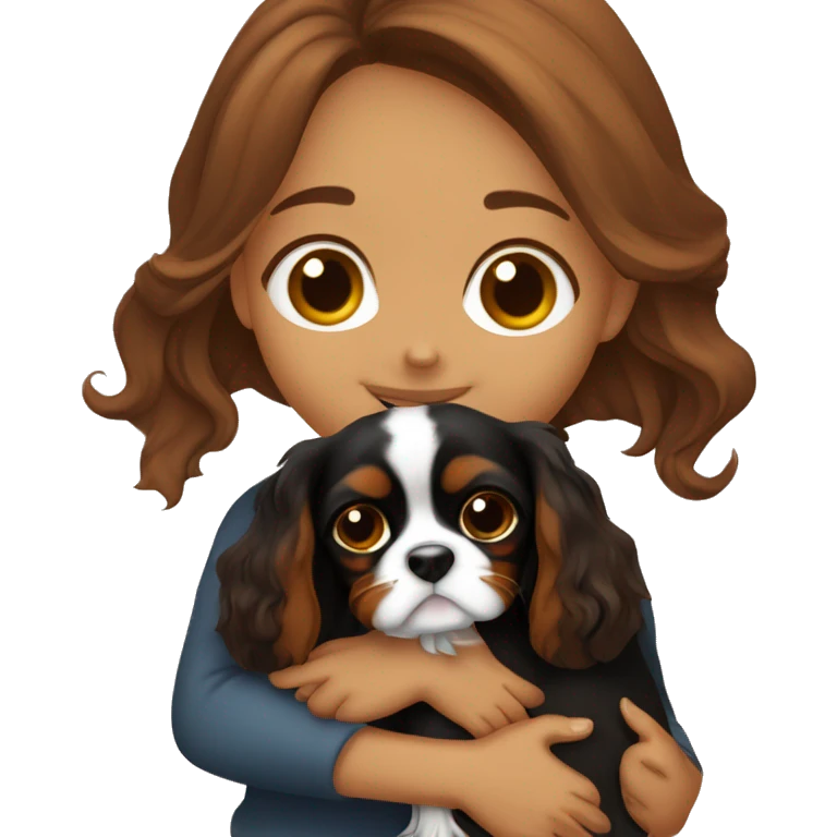 cute girl hugging two black and brown cavalier king charles spaniel  emoji
