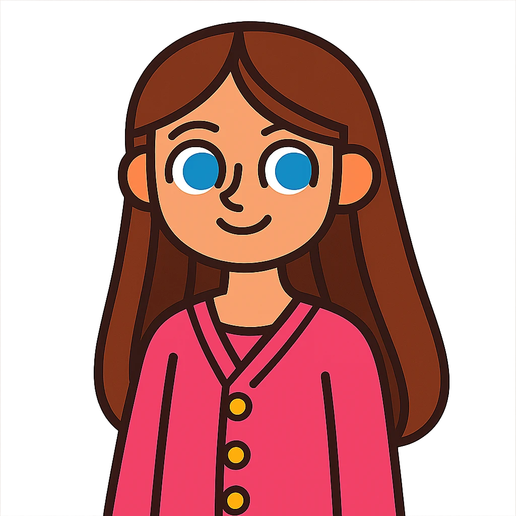 cute girl with long brown hair and blue eyes, wearing a pink cardigan with buttons emoji