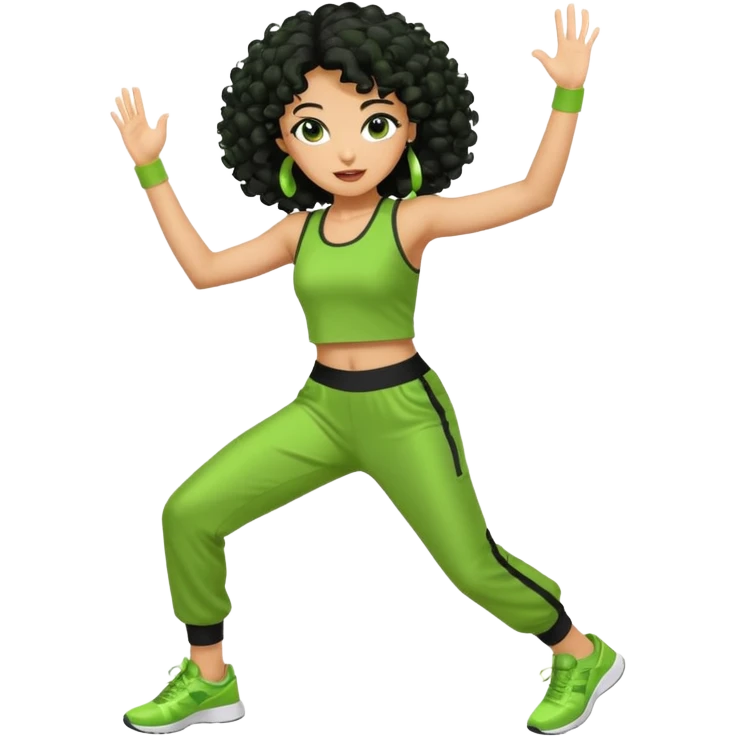 a woman with olive skin tone and curly black hair wearing green and dancing. full body, disco pose. running outfit emoji