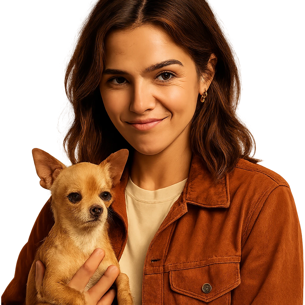 portrait centered of a woman inspired by the face of Zoe Deutch, tanned skin, subtle freckles, rebellious and playful expression, medium-length brown hair with auburn highlights, shirt color #FFF8CA, rust-colored jacket, holding a beige-brown chihuahua, transparent background, Netflix series style emoji