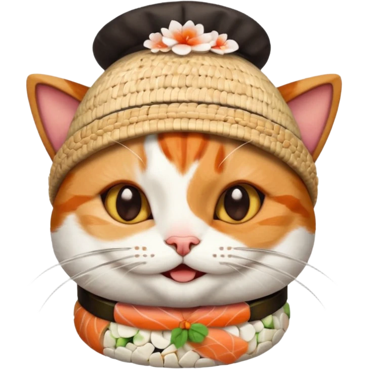 happy cat wearing a hat made out of sushi pieces emoji