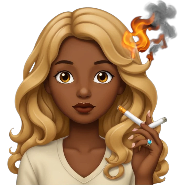 Tan girl with long wavy hair smoking emoji