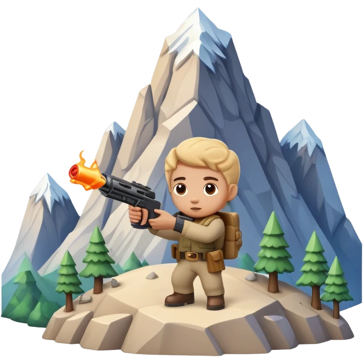 Little character holding a toy gun aiming at a mountain with tiny figures on it emoji