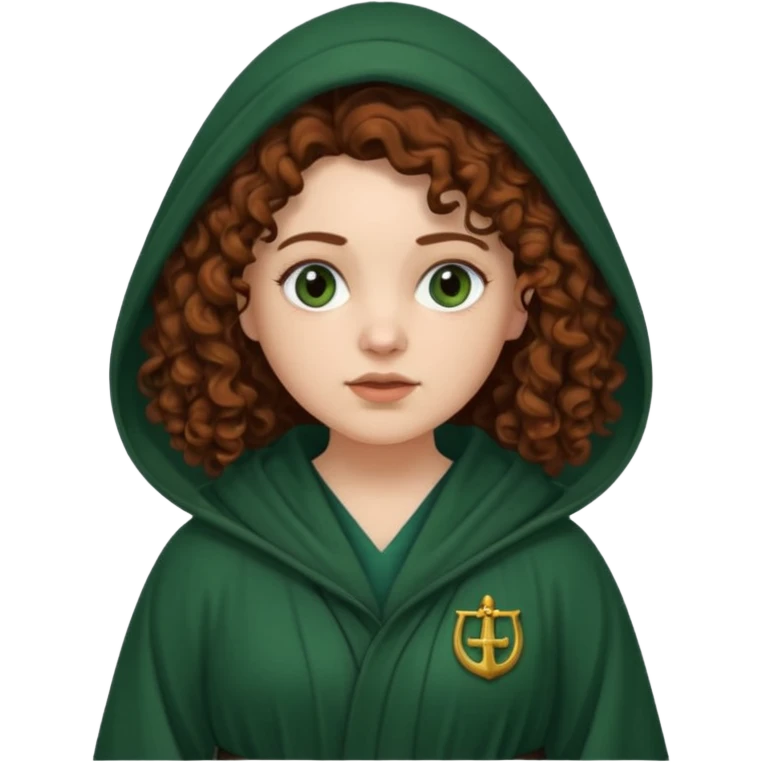 A white woman with a chubby face, with long dark auburn hair, cloaked and hooded like she's a Traitor in the tv show 'The Traitors'. her hair is frizzy curly, not with defined curls, and the robe is a very dark green/almost black color emoji
