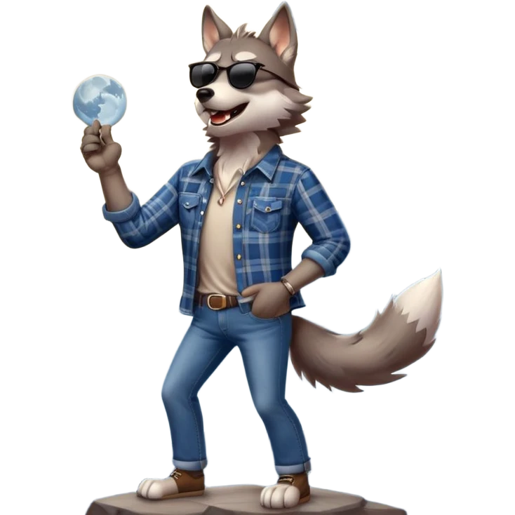 friendly anthropomorphised wolf in jeans and plaid shirt, wearing dark sunglasses, howling with the moon in the background, upright pose emoji