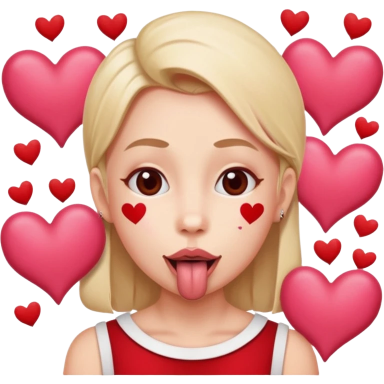 A cross eyed person with their tongue out far with Valentine’s Day decor/hearts around emoji