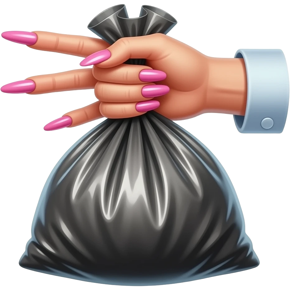 flamboyant hand with long pink nails holding a trash bag delicately emoji