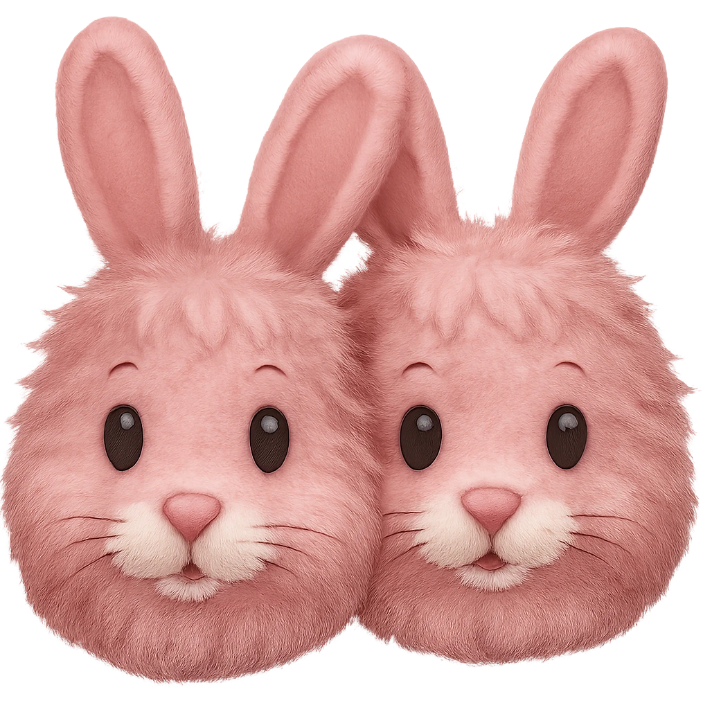 Make the light pink bunny slippers with a fluffy tail look fuzzy in the style of emoji, with no background. emoji
