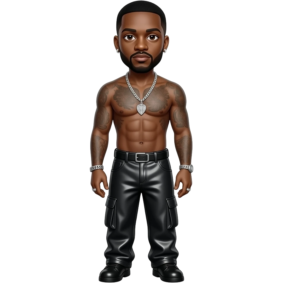 Rick Ross with dark brown eyes, black hair, black metallic shirt, black metallic baggy pants, shirtless with silver necklace and earrings emoji