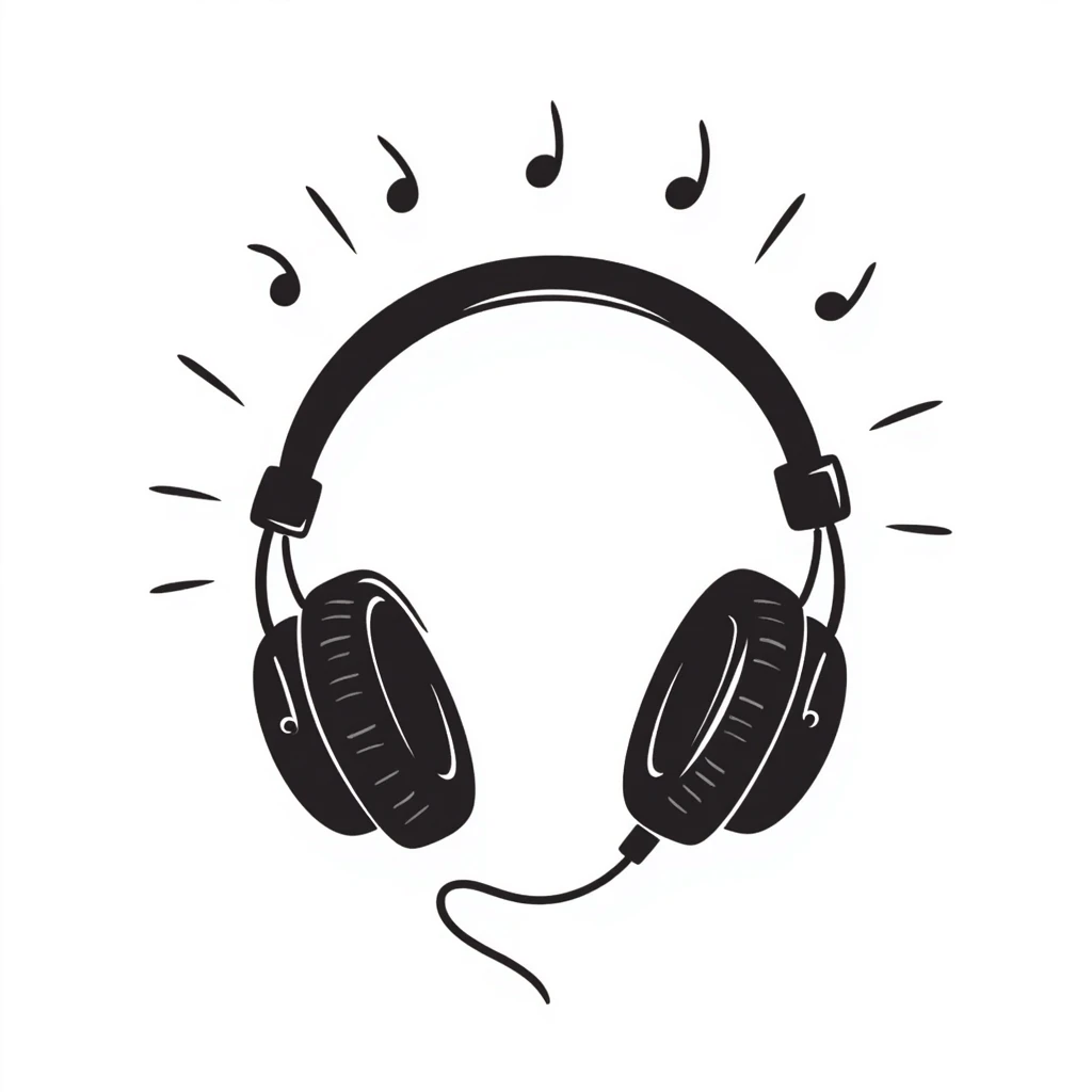 Hand-drawn sketch of black DJ headphones with sound waves emoji
