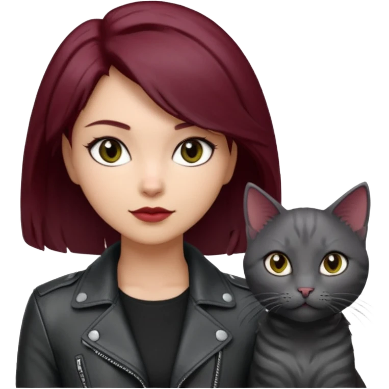 femme  yeux gris, cheveux court bordeaux, cuir noir, avec chat poils longs gris clair et chat poils ras noirs emoji