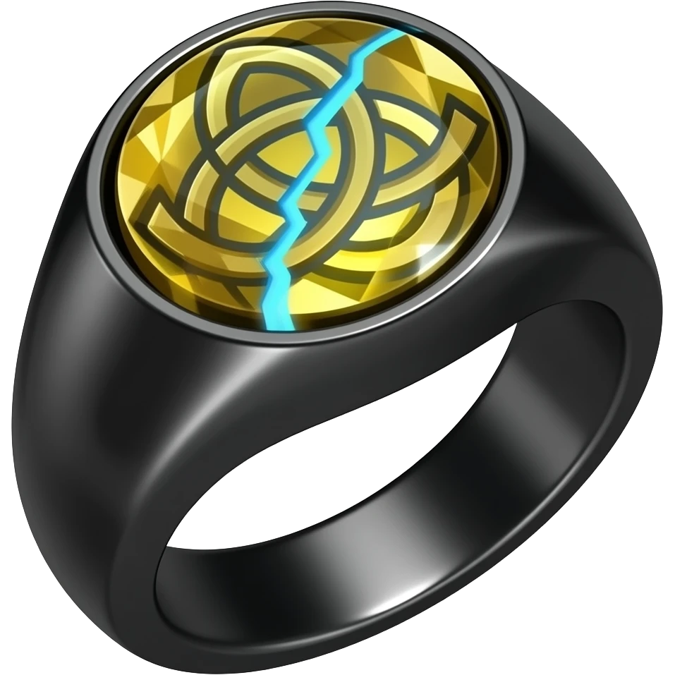 A obsidian ring with a BIG yellow gem, that has a triquetra carved into it, and a crack goin through it glowing light blue emoji