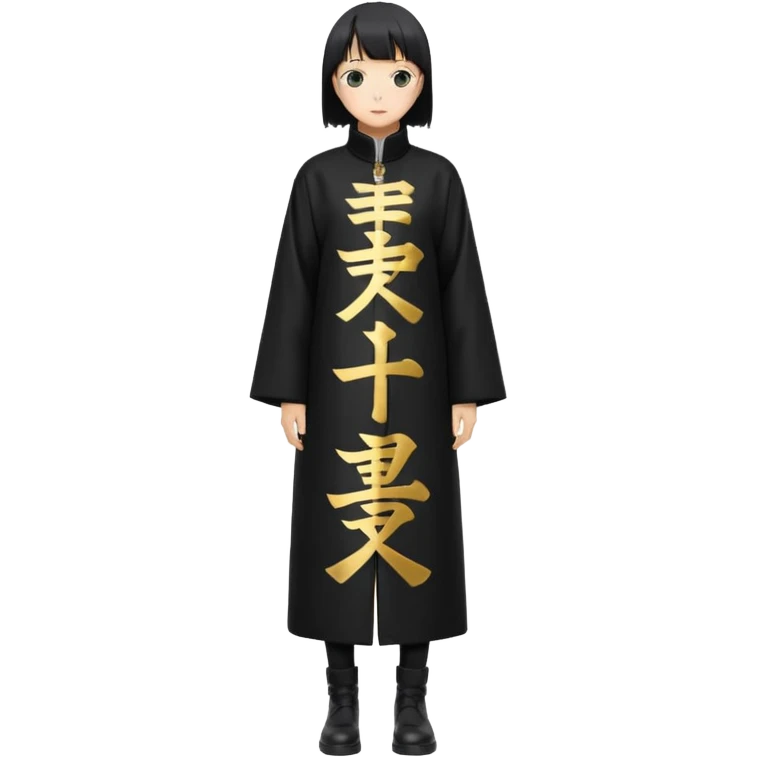 A long black anime style coat with a straight silhouette, reaching below the knees. On the center of the back, bold vertical golden Japanese kanji characters are printed glowing slightly against the dark background. The coat has a high collar and long sleeves. emoji