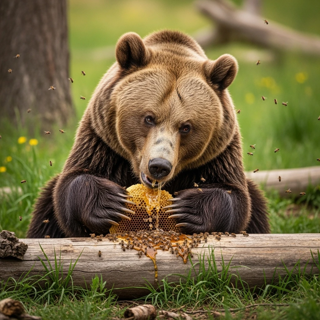 bear eating honeycomb with bees flying around emoji