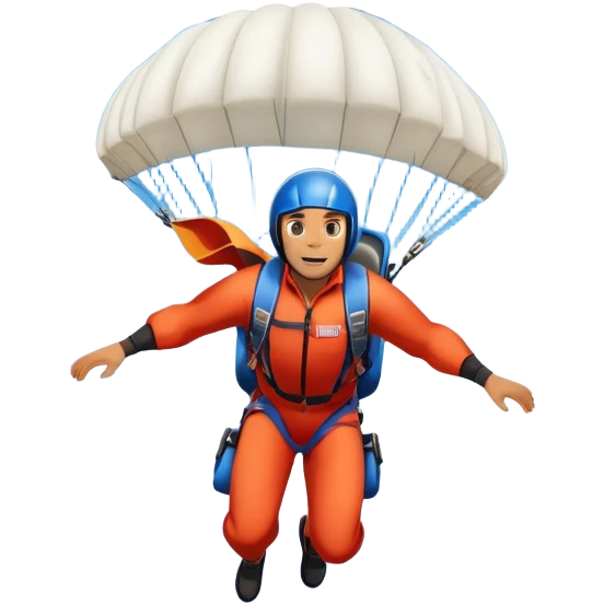 A base jumper soaring through the sky, with a parachute deployed, gliding over a dramatic cliffside or tall building. The background showcases a vast landscape below, with clouds and open skies, emphasizing the adrenaline and freedom of the sport emoji