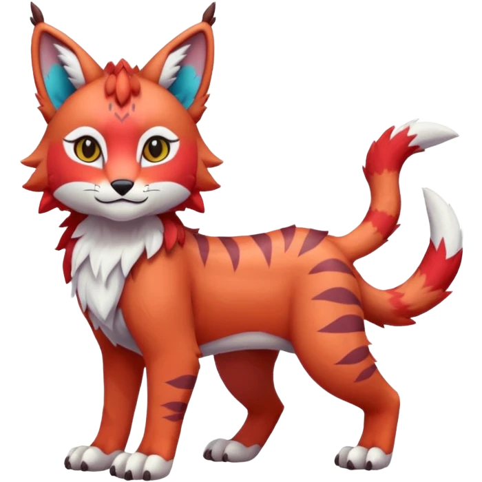 Colorful tropical reddish kawaii cute Lynx-Trico-Sergal-Wolf-Vernid-Fakémon-Pokémon-creature (full body) emoji