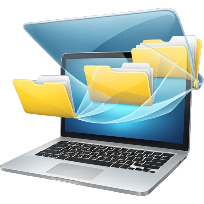 An open laptop with yellow folders containing data flying out. emoji