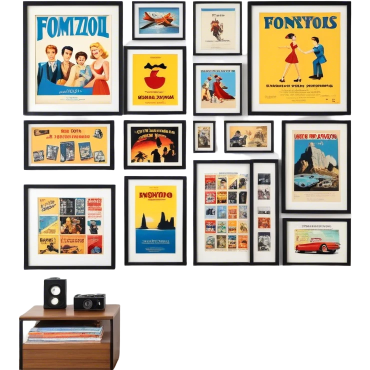Icon for Photograph and Poster Collecting: a collection of photographs and movie posters, neatly displayed on a wall or in frames. The icon should evoke the nostalgia and artistic value of collecting rare images and posters. Transparent background. emoji