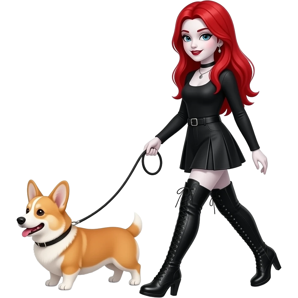 Vampiro femmina ADOLESCENTE con pelle bianca e capelli rossi lunghi che indossa una gonna corta nera e un top con le maniche lunghe e degli stivali lunghi neri con tacco che cammina con al guinzaglio un Corgi emoji