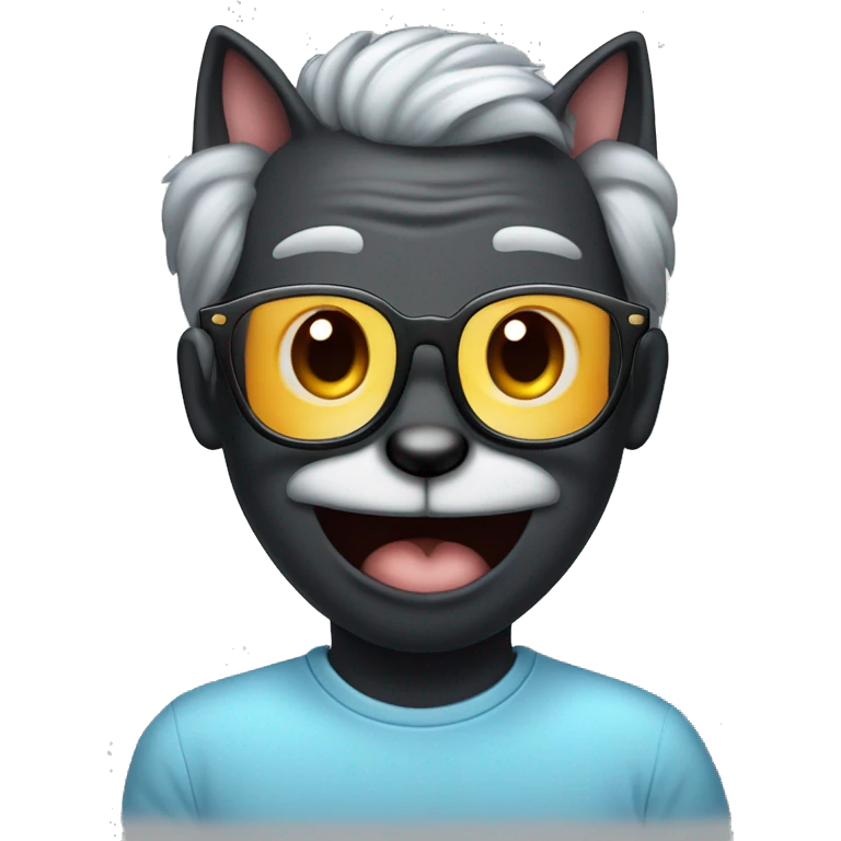 A black cat with a mouse in his mouth with a man smiling softly with grey hair no beard rectangular glasses in a sky blue shirt  emoji