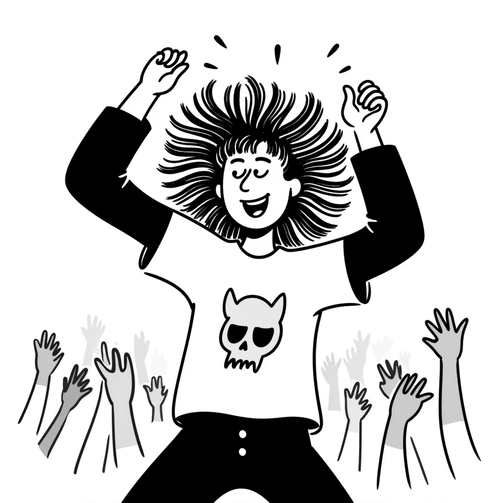 A person enthusiastically headbanging at a concert, wearing a band shirt with wild hair flying emoji
