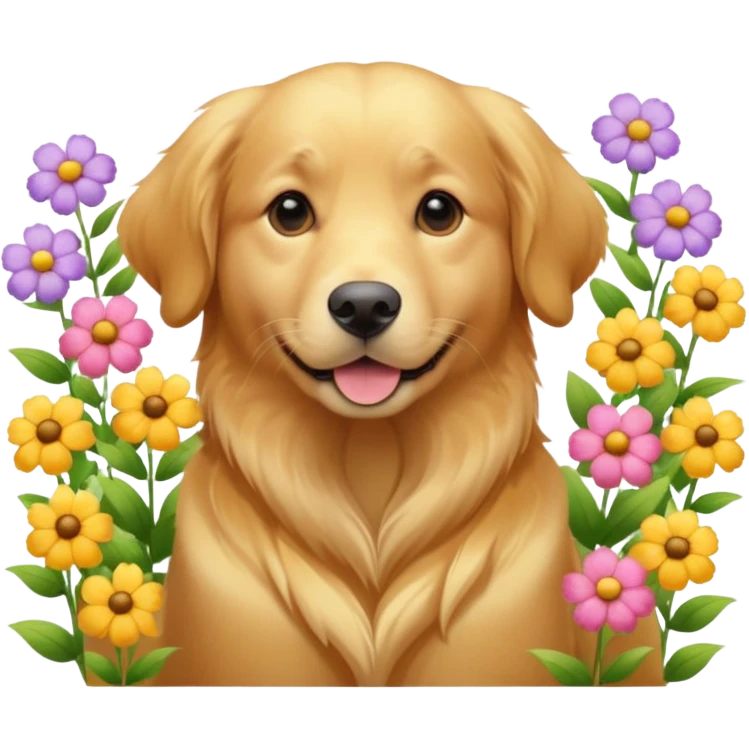A Golden Retriever sitting in a blooming flower garden, sunlight highlighting its shiny golden fur. Gentle expression, realistic photography, warm color tones. emoji