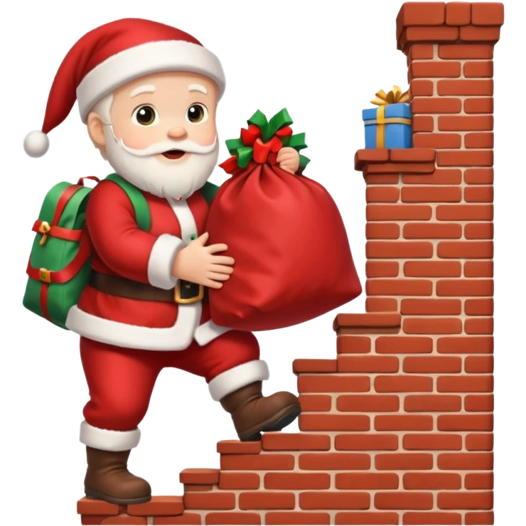 baby Santa Claus is carrying a bag of presents and climbing down the chimney. emoji