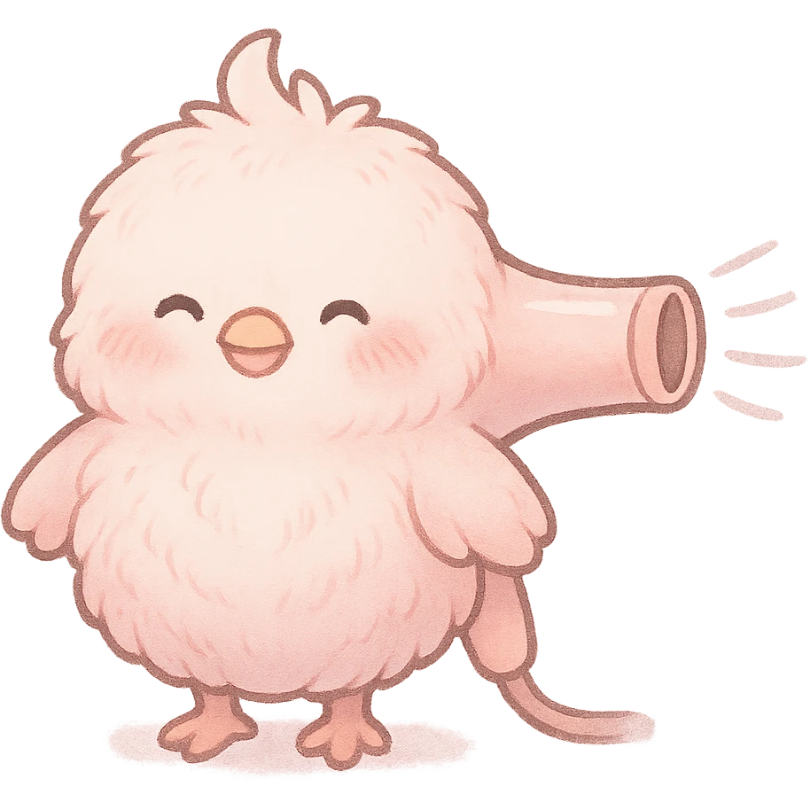 chibi style soft fluffy bird as a hair dryer, blowing gentle air, happy face, soft pink, full-body emoji