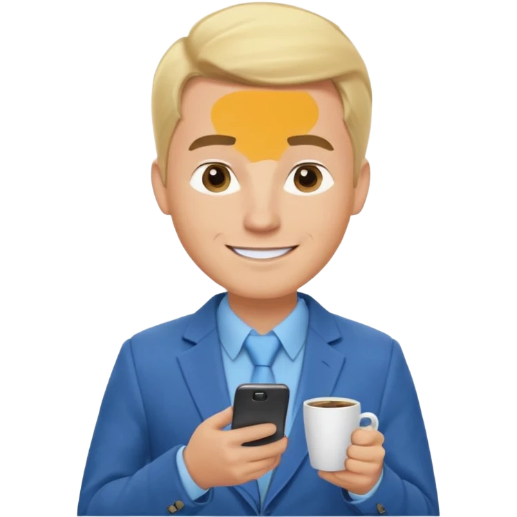 Confident and outgoing male entrepreneur, Caucasian features, blonde hair, big friendly smile, expressive eyes, defined eyebrows, wearing a blue blazer over a light blue shirt, holding a smartphone in one hand and a coffee cup in the other, waist-up, front-facing emoji