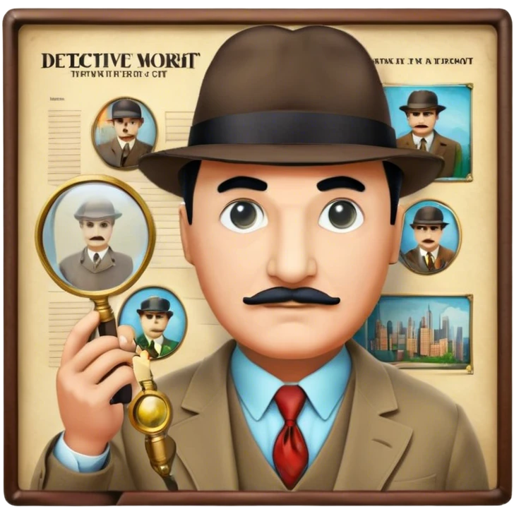 Icon for Detective Movies: A colorful collage featuring Detective Poirot, with a magnifying glass, revolver and a mysterious city backdrop. Include a board with photos of suspects, fingerprints, and a crime scene. Retro movie poster style. Transparent background. emoji