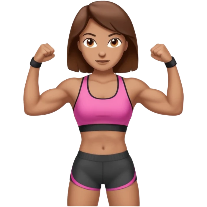 Girl flexing in sport bra and shorts with strong arms and brown hair  emoji