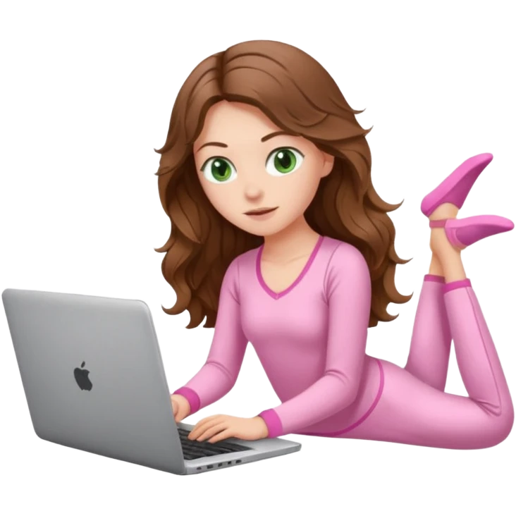 make a picture in ios 18 style of a white girl with brown long wavy hair and green eyes wearing pink pilates core pajamas and working on a laptop emoji