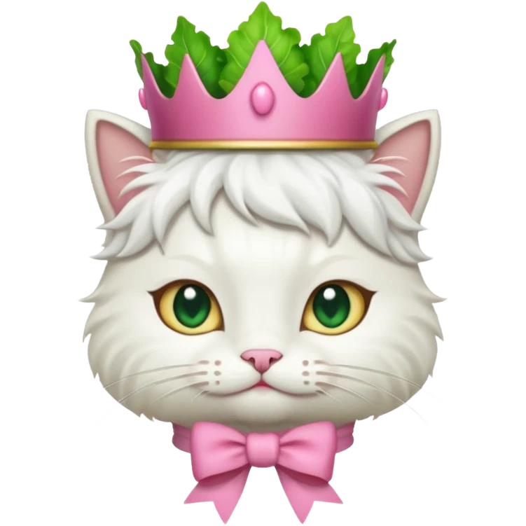 white cat with pink bow on neck and green lettuce crown, emoji style emoji