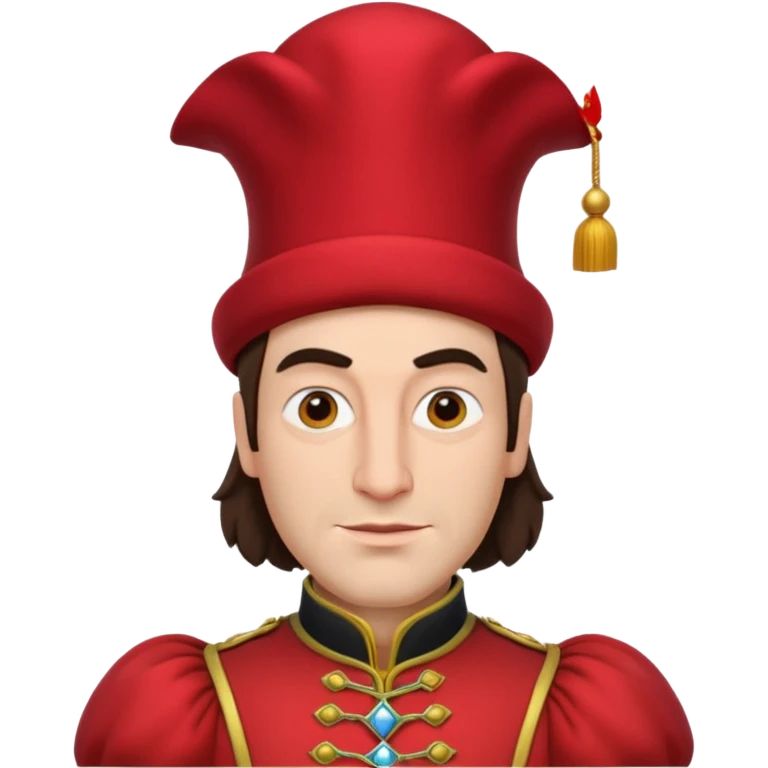 lord farquad avec un chapeau rouge plat sur le dessus, il a un vêtement rouge avec des manches bouffantes emoji