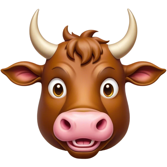 Cinematic Comical Domestic Bull Portrait Emoji, Head tilted dramatically with an exaggeratedly amused expression, featuring a striking, glossy coat with boldly defined horns and wide, expressive eyes brimming with playful disbelief, Simplified yet hilariously expressive features, highly detailed, glowing with a slightly sassy, earthy glow, high shine, dramatic yet playful, stylized with an air of cheeky rural mischief, soft glowing outline, capturing the essence of a spirited and over-the-top domestic bull that looks ready to charge its way into internet fame instantly! emoji