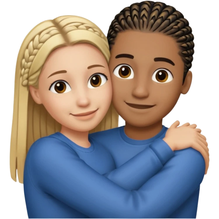 dirty blonde girl with straight hair and medium toned guy with black cornrows hair hugging emoji
