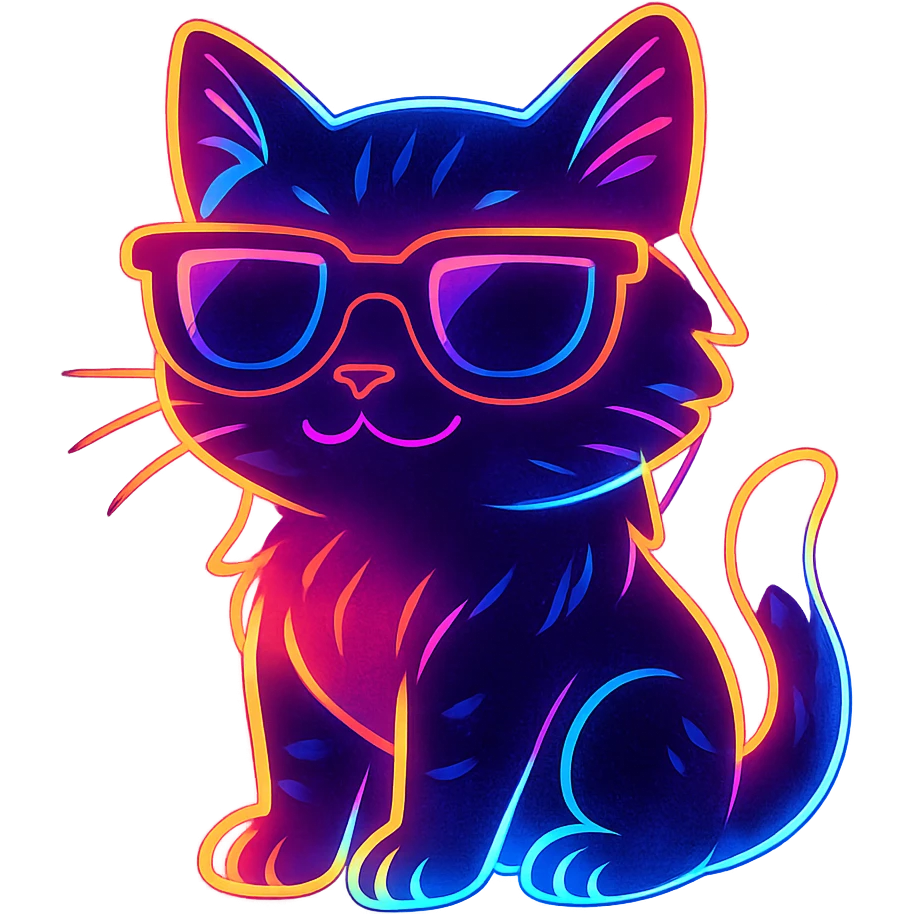 cat with sunglasses with neon glow, vibrant toon style emoji