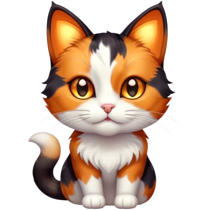 Cinematic Cute Calico Cat Portrait Emoji, Head tilted playfully with sparkling, inquisitive eyes and a charming patchwork fur of orange, black, and white, simplified yet irresistibly adorable, highly detailed, glowing with a warm, inviting glow, high shine, bubbly and affectionate, styled with a touch of whimsical feline charm, soft glowing outline, capturing the essence of a delightfully cute calico cat that looks as if it could prance off the screen into your heart! emoji