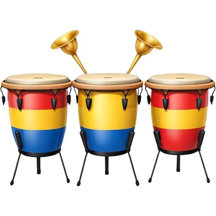 Colombian salsa music instruments - congas, trumpet, and timbales with Colombian flag colors emoji
