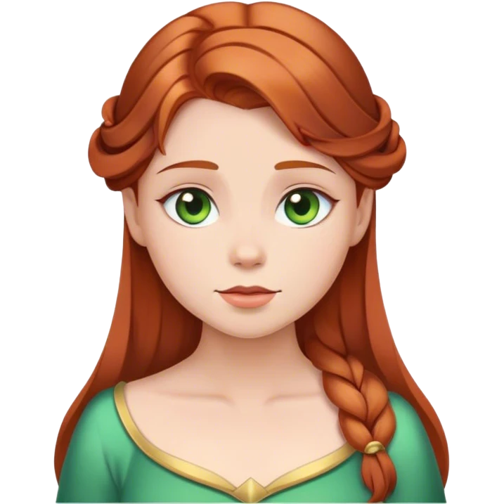 Cinematic Serene Sleeping Beauty Portrait Emoji, rendered in a simplified vector style. Depict a gentle Aurora (chest and above) with fair, glowing skin and softly cascading auburn hair, her expression calm and reflective, dressed in her timeless attire. The image exudes a soft, warm radiance with high shine and a subtle glowing outline. emoji