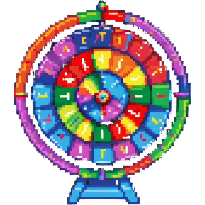 fortune wheel with rainbow colored sections and a spinner arrow emoji