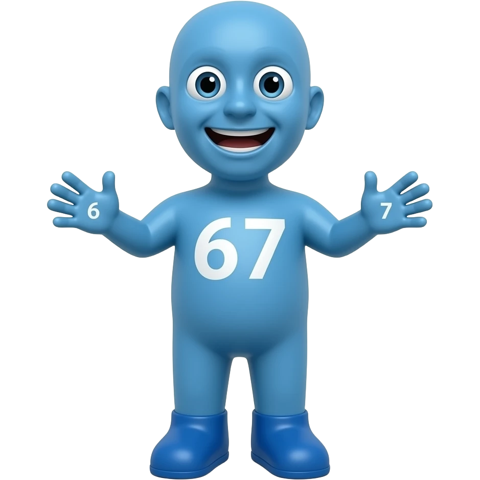 Son corps est  un 67 bleu avec une bouche des yeux il as des pieds et des jambes bleu il a des mains qui se balance ils sont bleus sur sa main droite il a un petit 6 et sur la gauche un petit 7 emoji