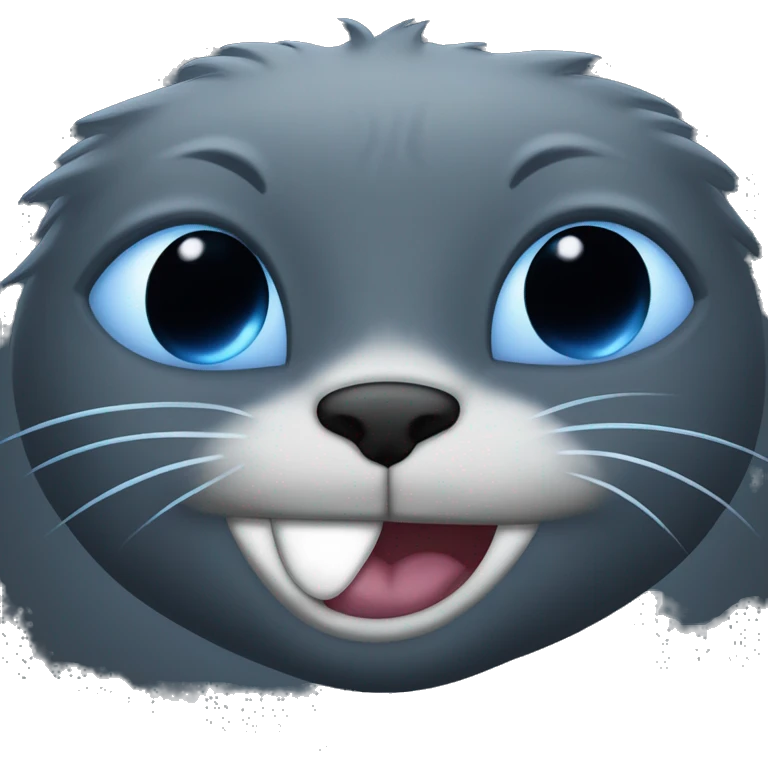 Cat in dark dark grey fur with laughing tears in its eyes , make the color blue f the eyes , also make the eears spicy emoji