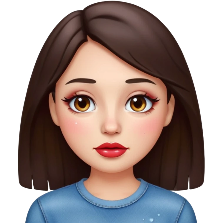 “Emoji brunette girl, dewy skin, heavy blush across cheeks and nose bridge, glossy cherry lips, soft eyeliner, teary sparkling eyes like hanni from new jeans emoji