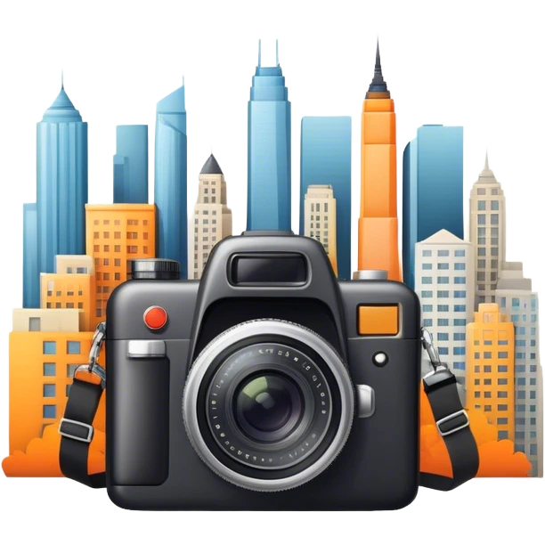 Icon for Urban Tourism: city skyline with iconic buildings, a camera and a backpack. The icon should represent the exploration of urban destinations, with elements like streets, landmarks, and vibrant city life. Transparent background. emoji