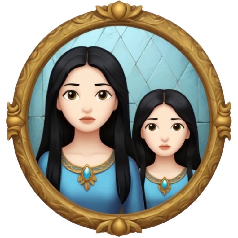 Woman facing ancient mirror, reflection slightly delayed and darker emoji